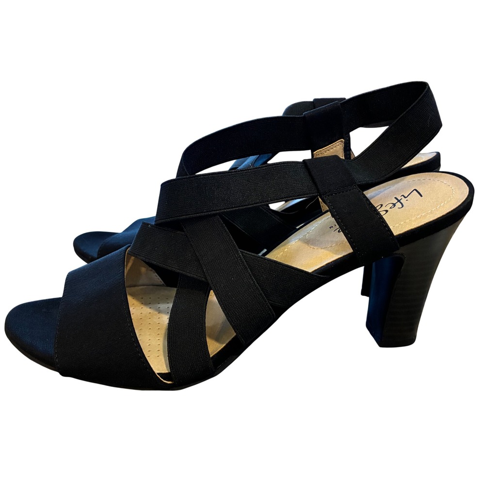 LifeStride Lovestor Sandals Womens 7M Black Excellent Strappy Elastic Block Heel